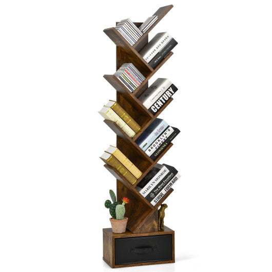 10-tier Tree Bookshelf with Drawer Free-standing Storage Bookcase - Image 2