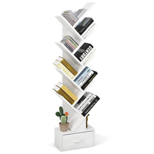 10-tier Tree Bookshelf with Drawer Free-standing Storage Bookcase - Image 9