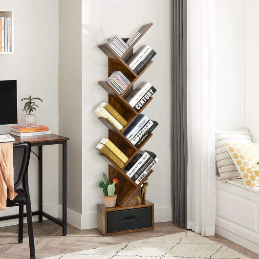 10-tier Tree Bookshelf with Drawer Free-standing Storage Bookcase - Image 3