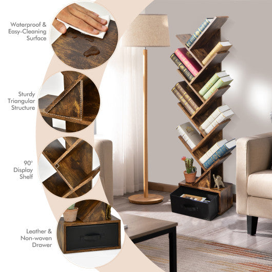 10-tier Tree Bookshelf with Drawer Free-standing Storage Bookcase - Image 4