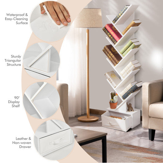 10-tier Tree Bookshelf with Drawer Free-standing Storage Bookcase - Image 11