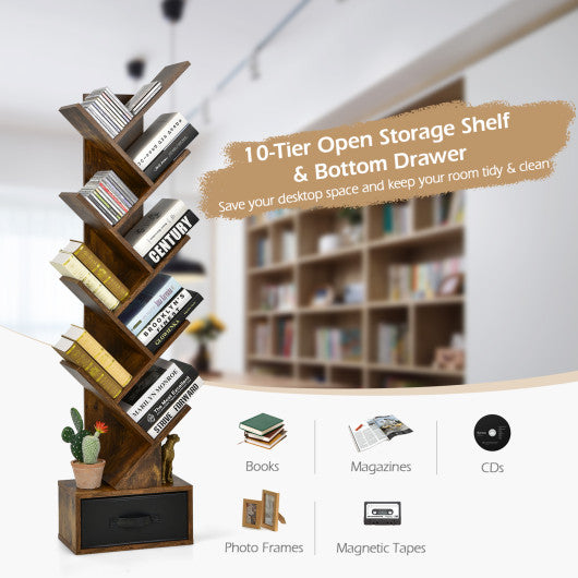 10-tier Tree Bookshelf with Drawer Free-standing Storage Bookcase - Image 6