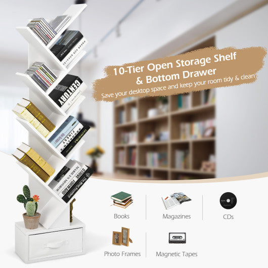 10-tier Tree Bookshelf with Drawer Free-standing Storage Bookcase - Image 13