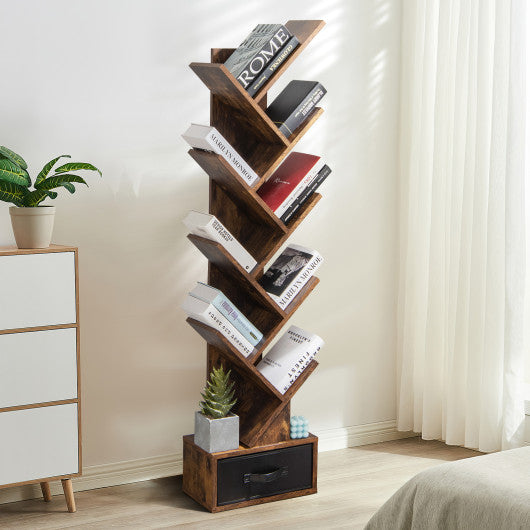 10-tier Tree Bookshelf with Drawer Free-standing Storage Bookcase - Image 7