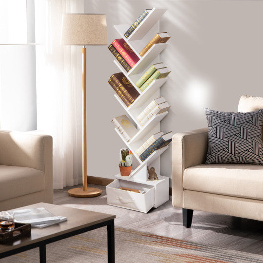 10-tier Tree Bookshelf with Drawer Free-standing Storage Bookcase - Image 14