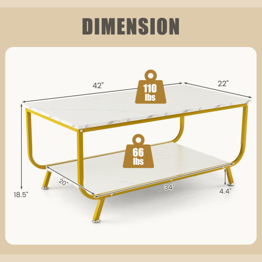 2-Tier Faux Marble Top Rectangular Coffee Table with Metal Frame-White - Image 5