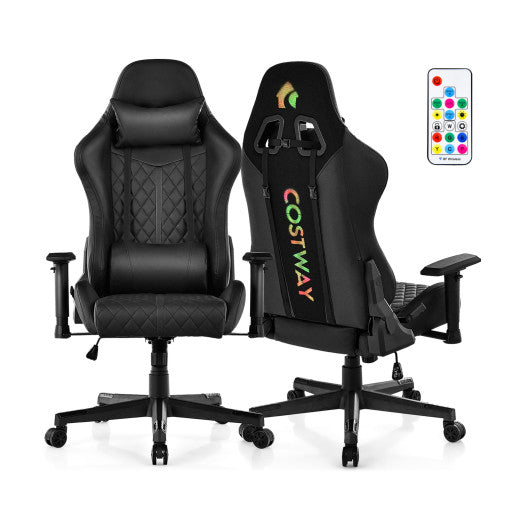 Adjustable 360° Swivel PU Gaming Chair with RGB LED Lights and Nylon Base-Black - Image 4