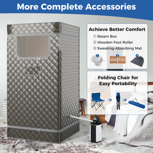 Portable Steam Sauna with 3L Steam Generator Remote Control Wood Foot Massager and Foldable Chair for Home-Gray - Image 7