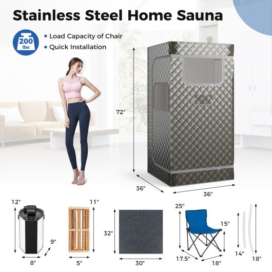Portable Steam Sauna with 3L Steam Generator Remote Control Wood Foot Massager and Foldable Chair for Home-Gray - Image 4